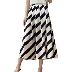 image:imagechouyatou Womens Color Block Striped Pleated Skirt High Elastic Waist A Line Business Casual Midi Long SkirtApricot