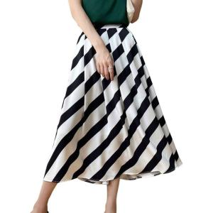 image:imagechouyatou Womens Color Block Striped Pleated Skirt High Elastic Waist A Line Business Casual Midi Long SkirtBlack and White