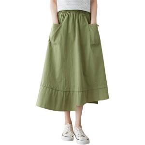 image:imagechouyatou Womens Cute Irregular Ruffle ALine Skirt Casual Elastic Waist Asymmetrical Swing Midi Long SkirtGreen