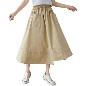 image:imagechouyatou Womens Cute Irregular Ruffle ALine Skirt Casual Elastic Waist Asymmetrical Swing Midi Long SkirtKhaki
