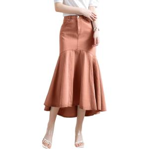 image:imagechouyatou Womens Denim Mermaid Ruffle Skirt A Line Flare Fishtail Skirt High Waisted Pleated Midi Long Jean SkirtBrown