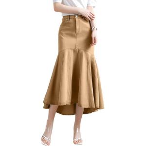 image:imagechouyatou Womens Denim Mermaid Ruffle Skirt A Line Flare Fishtail Skirt High Waisted Pleated Midi Long Jean SkirtKhaki
