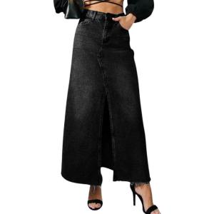 image:imagechouyatou Womens Elegant ALine Front Split Jean Skirt Western Distressed Maxi Long Denim Skirt with PocketsBlack