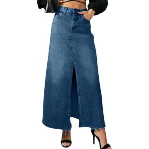 image:imagechouyatou Womens Elegant ALine Front Split Jean Skirt Western Distressed Maxi Long Denim Skirt with PocketsBlue