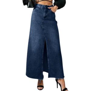 image:imagechouyatou Womens Elegant ALine Front Split Jean Skirt Western Distressed Maxi Long Denim Skirt with PocketsDark Blue