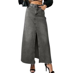 image:imagechouyatou Womens Elegant ALine Front Split Jean Skirt Western Distressed Maxi Long Denim Skirt with PocketsGrey