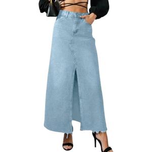 image:imagechouyatou Womens Elegant ALine Front Split Jean Skirt Western Distressed Maxi Long Denim Skirt with PocketsLight Blue