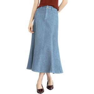 image:imagechouyatou Womens Elegant Denim Mermaid Skirt Western Casual High Waisted A Line Pleated Fishtail Midi Long Jean SkirtBlue
