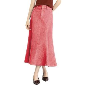 image:imagechouyatou Womens Elegant Denim Mermaid Skirt Western Casual High Waisted A Line Pleated Fishtail Midi Long Jean SkirtWatermelon Red