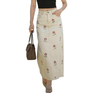 image:imagechouyatou Womens Elegant Floral Printed Denim Long Skirt Y2k Distressed Vintage A Line Jean Skirt with PocketsBeige White