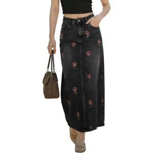 image:imagechouyatou Womens Elegant Floral Printed Denim Long Skirt Y2k Distressed Vintage A Line Jean Skirt with PocketsBlack