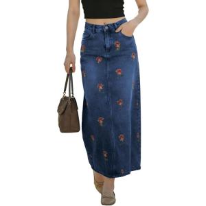 image:imagechouyatou Womens Elegant Floral Printed Denim Long Skirt Y2k Distressed Vintage A Line Jean Skirt with PocketsDark Blue