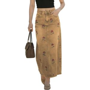 image:imagechouyatou Womens Elegant Floral Printed Denim Long Skirt Y2k Distressed Vintage A Line Jean Skirt with PocketsKhaki