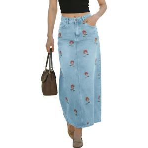 image:imagechouyatou Womens Elegant Floral Printed Denim Long Skirt Y2k Distressed Vintage A Line Jean Skirt with PocketsLight Blue