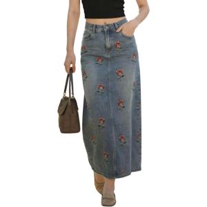 image:imagechouyatou Womens Elegant Floral Printed Denim Long Skirt Y2k Distressed Vintage A Line Jean Skirt with PocketsVintage Blue