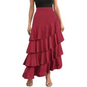 image:imagechouyatou Womens Elegant Irregular Ruffle Hem Skirt Party Tiered Layered Maxi Long SkirtRed