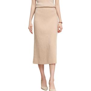 image:imagechouyatou Womens Fall Elastic High Waist Midi Rib Knit Skirt Office Work Bodycon Sweater Pencil SkirtApricot