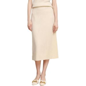 image:imagechouyatou Womens Fall Elastic High Waist Midi Rib Knit Skirt Office Work Bodycon Sweater Pencil SkirtBeige