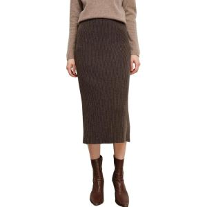 image:imagechouyatou Womens Fall Elastic High Waist Midi Rib Knit Skirt Office Work Bodycon Sweater Pencil SkirtBrown