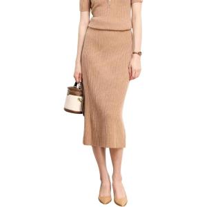 image:imagechouyatou Womens Fall Elastic High Waist Midi Rib Knit Skirt Office Work Bodycon Sweater Pencil SkirtCamel
