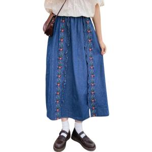 image:imagechouyatou Womens Floral Embroidered Elastic Waist Jean Skirt A Line Flared Denim Midi Skirt with PocketsBlue
