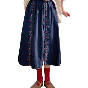 image:imagechouyatou Womens Floral Embroidered Elastic Waist Jean Skirt A Line Flared Denim Midi Skirt with PocketsDark Blue