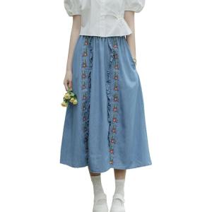 image:imagechouyatou Womens Floral Embroidered Elastic Waist Jean Skirt A Line Flared Denim Midi Skirt with PocketsLight Blue
