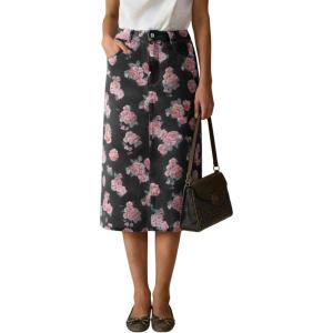 image:imagechouyatou Womens Floral Print Denim Midi Long Skirt Business Casual High Waisted A Line Jean Skirt with PocketsBlack