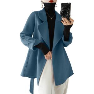 image:imagechouyatou Womens Notch Lapel Wool Coat Loose Fit Dressy Business Casual Trench Coat Outerwear with BeltBlue