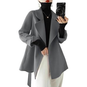 image:imagechouyatou Womens Notch Lapel Wool Coat Loose Fit Dressy Business Casual Trench Coat Outerwear with BeltGrey
