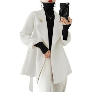 image:imagechouyatou Womens Notch Lapel Wool Coat Loose Fit Dressy Business Casual Trench Coat Outerwear with BeltWhite