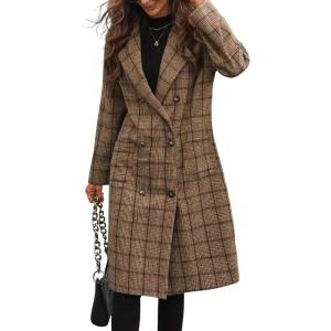 image:imagechouyatou Womens Plaid Double Breasted Mid Long Wool Coat Notch Lapel Wool Blend Pea Coat Overcoat with PocketsBrown