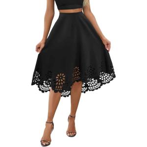 image:imagechouyatou Womens Plain Hollow Out Eyelet Boho Skirt Asymmetrical High Low Hem Business Casual Midi Long SkirtBlack