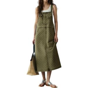image:imagechouyatou Womens Polka Dot Floral Printed Denim Bib Overall Dress Adjustable Strap A Line Jean Jumper Midi Long DressArmy Green