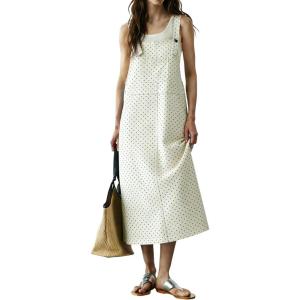 image:imagechouyatou Womens Polka Dot Floral Printed Denim Bib Overall Dress Adjustable Strap A Line Jean Jumper Midi Long DressBeige White