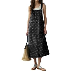 image:imagechouyatou Womens Polka Dot Floral Printed Denim Bib Overall Dress Adjustable Strap A Line Jean Jumper Midi Long DressBlack