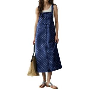 image:imagechouyatou Womens Polka Dot Floral Printed Denim Bib Overall Dress Adjustable Strap A Line Jean Jumper Midi Long DressDark Blue