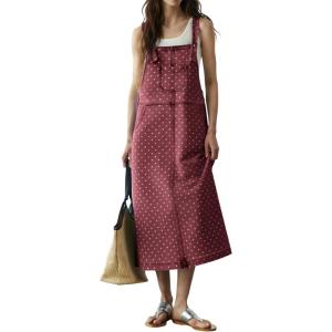 image:imagechouyatou Womens Polka Dot Floral Printed Denim Bib Overall Dress Adjustable Strap A Line Jean Jumper Midi Long DressDark Red