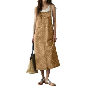 image:imagechouyatou Womens Polka Dot Floral Printed Denim Bib Overall Dress Adjustable Strap A Line Jean Jumper Midi Long DressKhaki