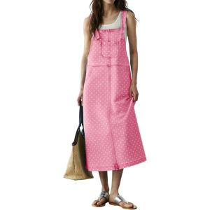 image:imagechouyatou Womens Polka Dot Floral Printed Denim Bib Overall Dress Adjustable Strap A Line Jean Jumper Midi Long DressPink