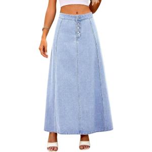 image:imagechouyatou Womens Retro Button Front Denim Maxi Skirt High Waisted A Line Pleated Long Jean SkirtLight Blue