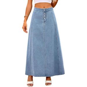 image:imagechouyatou Womens Retro Button Front Denim Maxi Skirt High Waisted A Line Pleated Long Jean SkirtMedium Blue