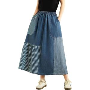 image:imagechouyatou Womens Retro Color Block Denim Skirt Striped Splicing Elastic High Waist A Line Midi Jean SkirtBlue