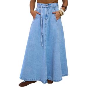 image:imagechouyatou Womens Retro Denim Skirt High Waist A Line Flare Maxi Long Jean Skirt with BeltBlue