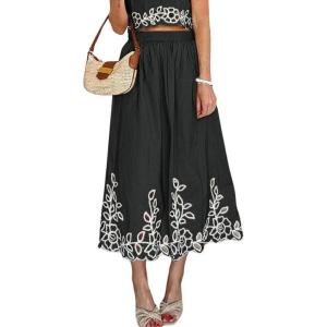 image:imagechouyatou Womens Retro Floral Embroidery Midi Long Skirt Back Elastic Waist Pleated ALine Skirt with PocketsBlack