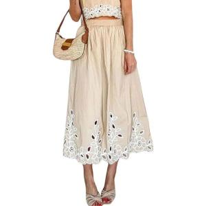 image:imagechouyatou Womens Retro Floral Embroidery Midi Long Skirt Back Elastic Waist Pleated ALine Skirt with PocketsKhaki