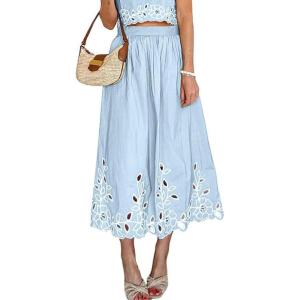 image:imagechouyatou Womens Retro Floral Embroidery Midi Long Skirt Back Elastic Waist Pleated ALine Skirt with PocketsLight Blue