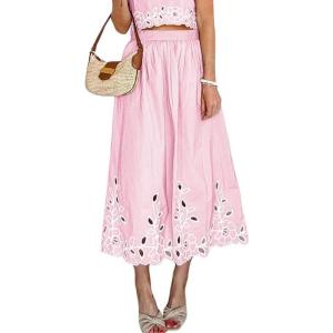 image:imagechouyatou Womens Retro Floral Embroidery Midi Long Skirt Back Elastic Waist Pleated ALine Skirt with PocketsPink
