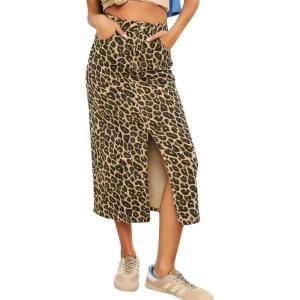 image:imagechouyatou Womens Retro Leopard Print Long Denim Bodycon High Waist Skirt Split Front Jean Pencil SkirtClassic Leopard