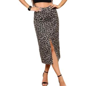 image:imagechouyatou Womens Retro Leopard Print Long Denim Bodycon High Waist Skirt Split Front Jean Pencil SkirtGrey Leopard